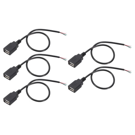 Uxcell 1Ft USB 2.0 Female to 4 Pin Bare Wire Pigtail Cable 5 Pcs 28AWG Data Power Cords Extension Black