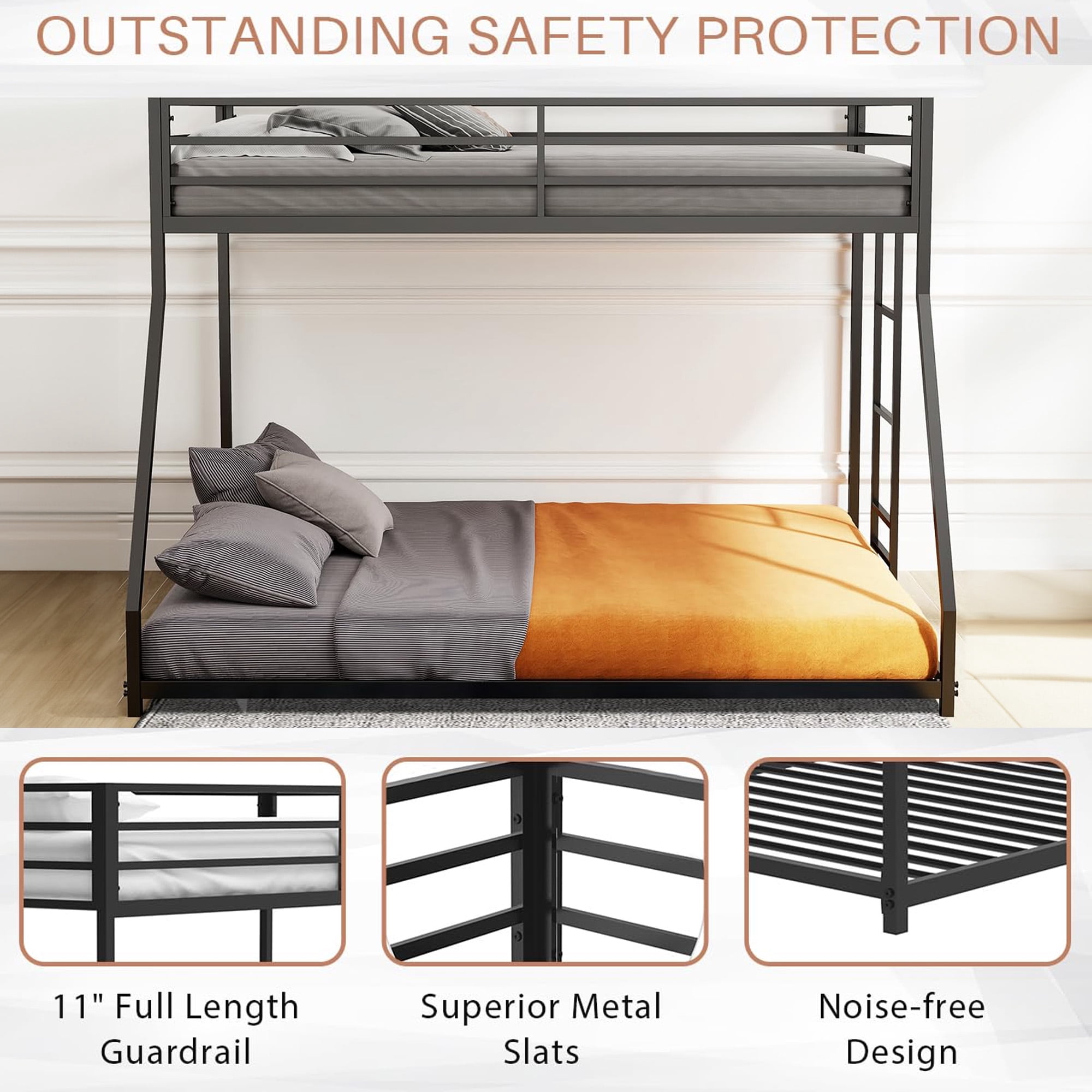 Aukfa Twin over Full Metal Bunk Bed, Heavy Duty Low Bunk Bed for Kids Adults, Black