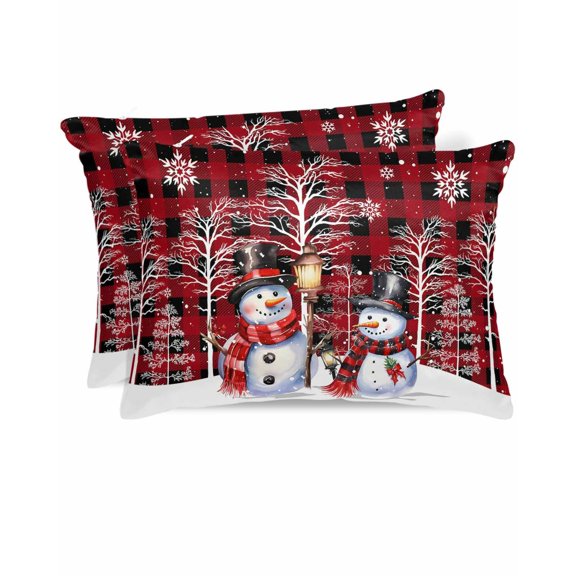 Hokiten Pillow Cases Standard Size Set of 2, Lumbar Pillow Covers, Plaid Snowman, Satin Pillowcases with Zipper for Hair/Skin, Christmas Buffalo Red Black Snowflake 20x26 Inches