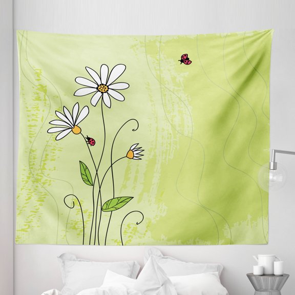Daisy Tapestry, Hand Drawn Style Chamomile Flowers Ladybugs and Grunge Look Graphic, Fabric Wall Hanging Decor for Bedroom Living Room Dorm, 5 Sizes, Multicolor, by Ambesonne