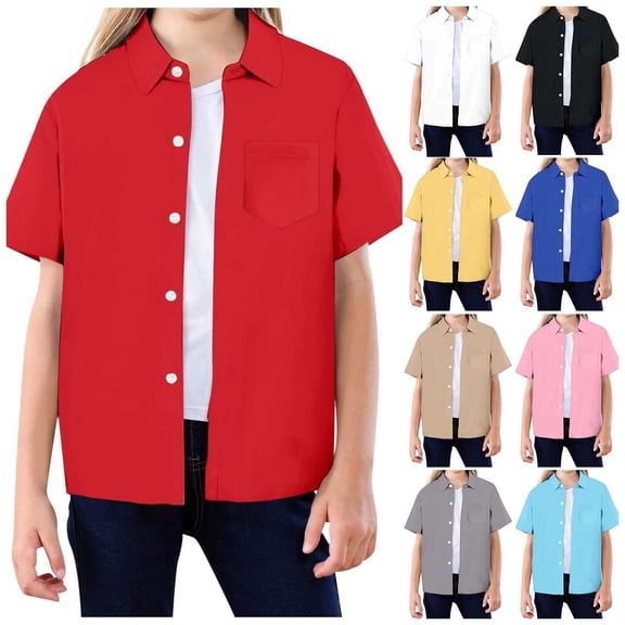 felwors Boys' Girls' Long Sleeve Solid Button-Down Collared Oxford Shirt with Chest Pocket School Uniform (5-6 Years, Red)