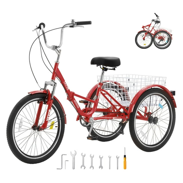 VEVOR Triciclo plegable para adultos, 26 pulgadas, 7 velocidades, bicicleta de crucero de 3 ruedas de acero al carbono con canasta y asiento ajustable, triciclos plegables para ir de compras, picnic,