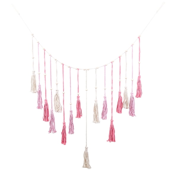 Pink Tassel Wall Decor Macrame Wall Tapestry 55.7 x 29.5in Woven Cotton Rope Handmade Wood Beads Wall Hanging Art Ornament