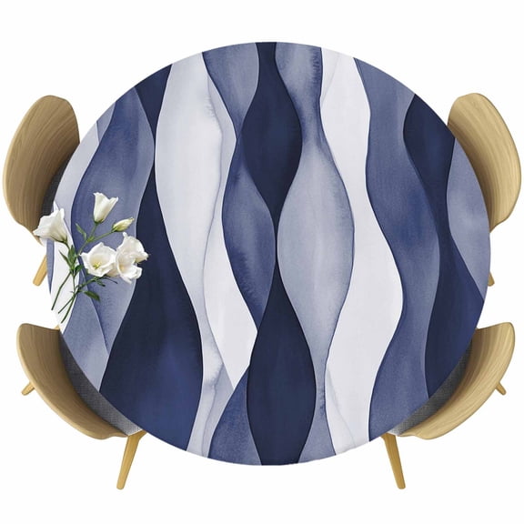 Blue Ripple Round Fitted Tablecloth with Elastic Edge, Abstract Gradient Stretch Table Covers for 55"-60" Tables Wipeable Table Cloth for Outdoor
