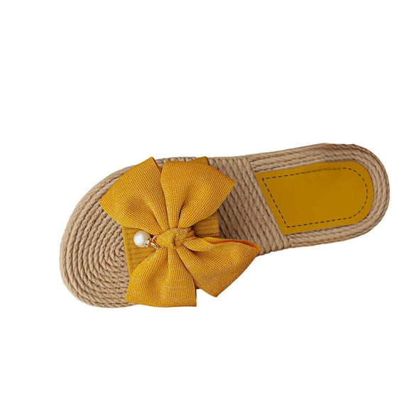 qkdmdw Yellow Women'S Linen Bow Flat House Slippers Non-Slip Comfortable Casual Indoor Use Lightweight Fabric