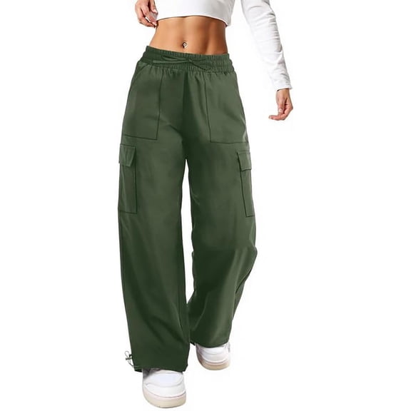 Ecqkame Women's Cargo Pants Elastic Waist Multi Pocket Loose Straight Leg Pant Outdoor Hiking Workout Casual Comfortable Trousers Green L