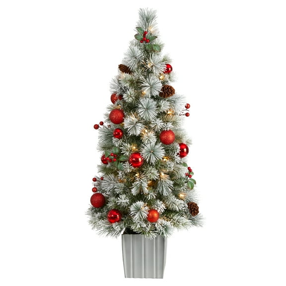 Nearly Natural 4ft. Winter Flocked Artificial Christmas Tree Pre-Lit with 50 LED Lights and Ornaments in Decorative Planter