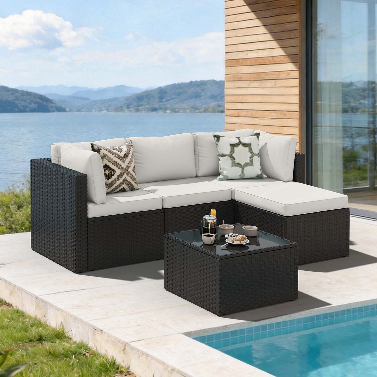 BaPiPro Modular Outdoor Wicker Patio Furniture Set with Tempered Glass Coffee Table & Removable All-Weather Cushions for Backyard, Poolside & Balcony Beige