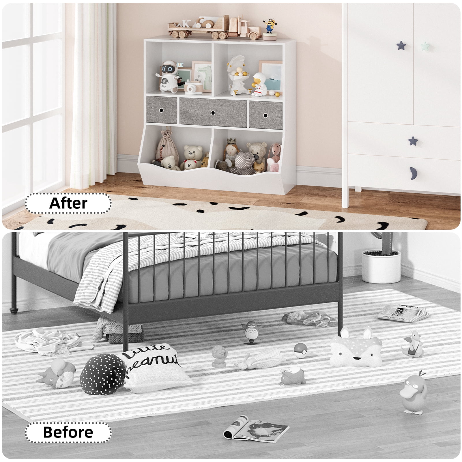 DSSTYLES Kid's Cubby Toy Storage Cabinet, Wood Toy Organizer of 7 Bins, Children's White Bookcase, Toy Chest for Bedroom Living Room