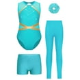 thumbnail image 3 of TSSOE Girls Gymnastics Leotards with Shorts Leggings Scrunchies Sleeveless Sparkly Dance Biketard Ballet Tumbling Outfit Blue Green 14, 3 of 7