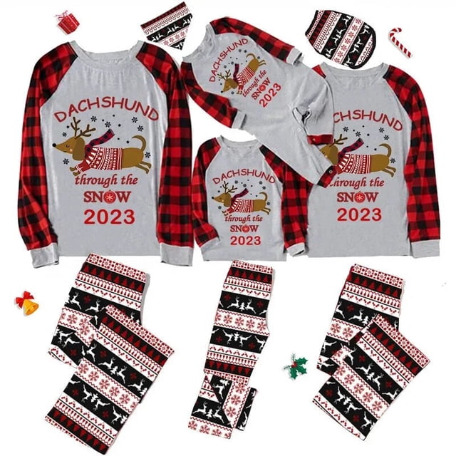 Pijamas familiares a juego de Navidad, conjunto de pijamas de Dachshund a través de la nieve, Tops de reno, pantalones, 2023