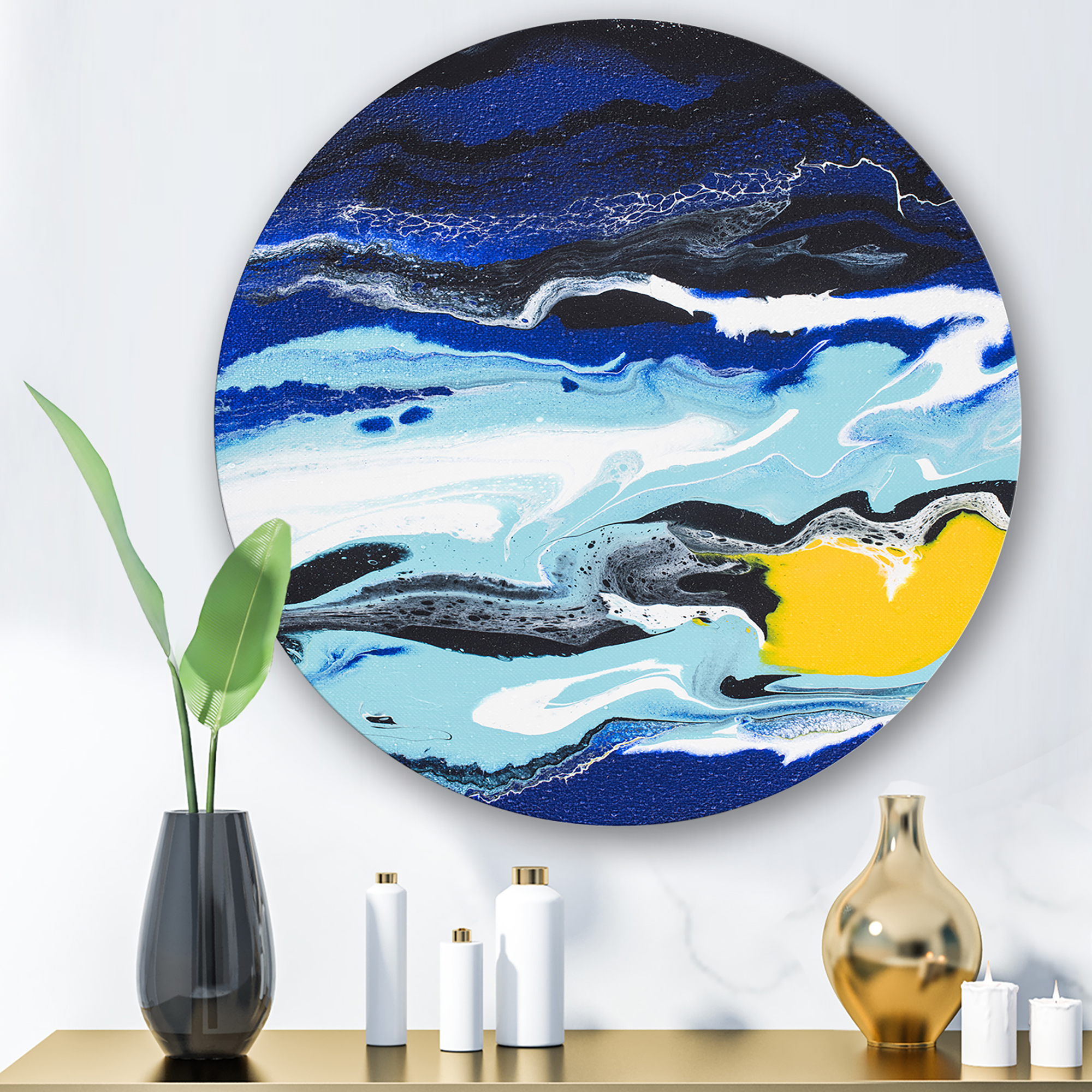 Designart 'Abstract Composition In Blue and Yellow VIII' Modern Circle Metal Wall Art 23x23 - Disc of 23
