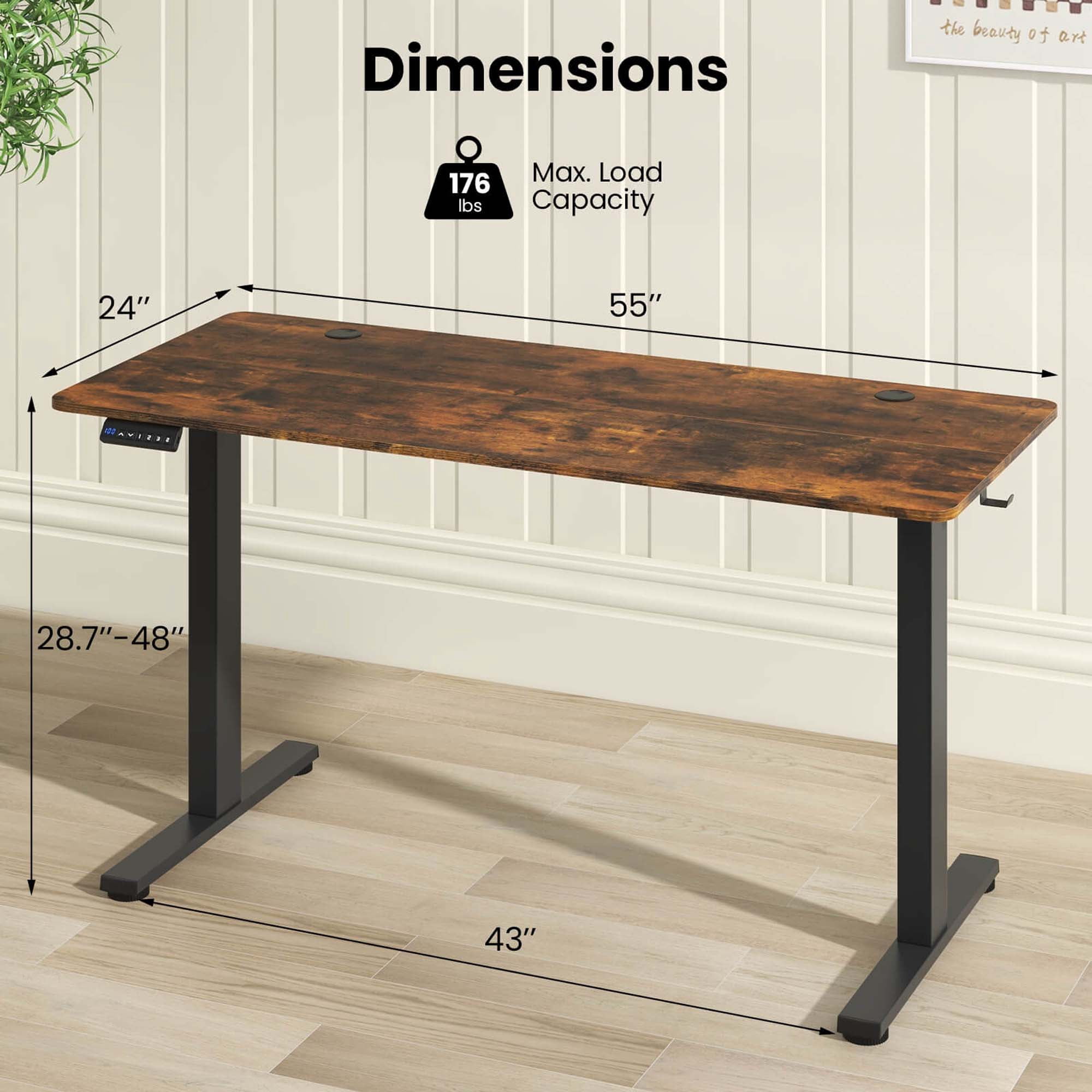 Costway 55" x 24" Electric Standing Desk with 3 Memory Height Settings 2 Hanging Hooks Brown