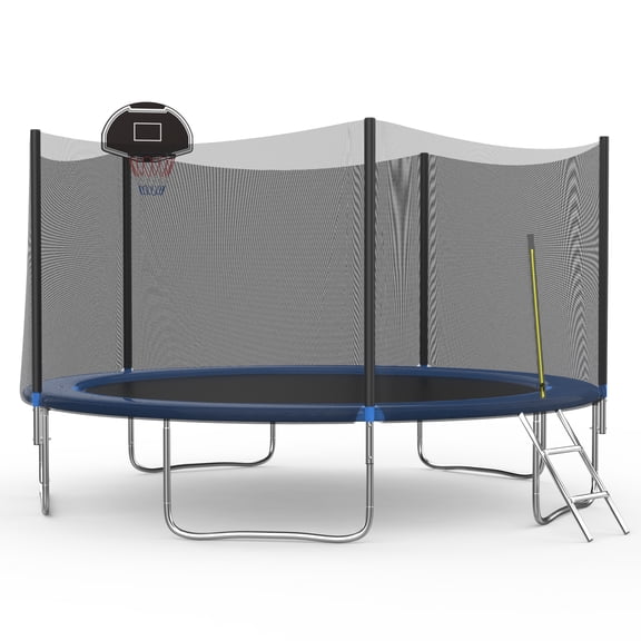 14FT Outdoor Trampoline with Basketball Hoop and Ladder for Kids and Adults，Heavy Duty Recreational Trampoline with Safety Enclosure,Anti-Rust Frame,Backyard Trampoline for Gift