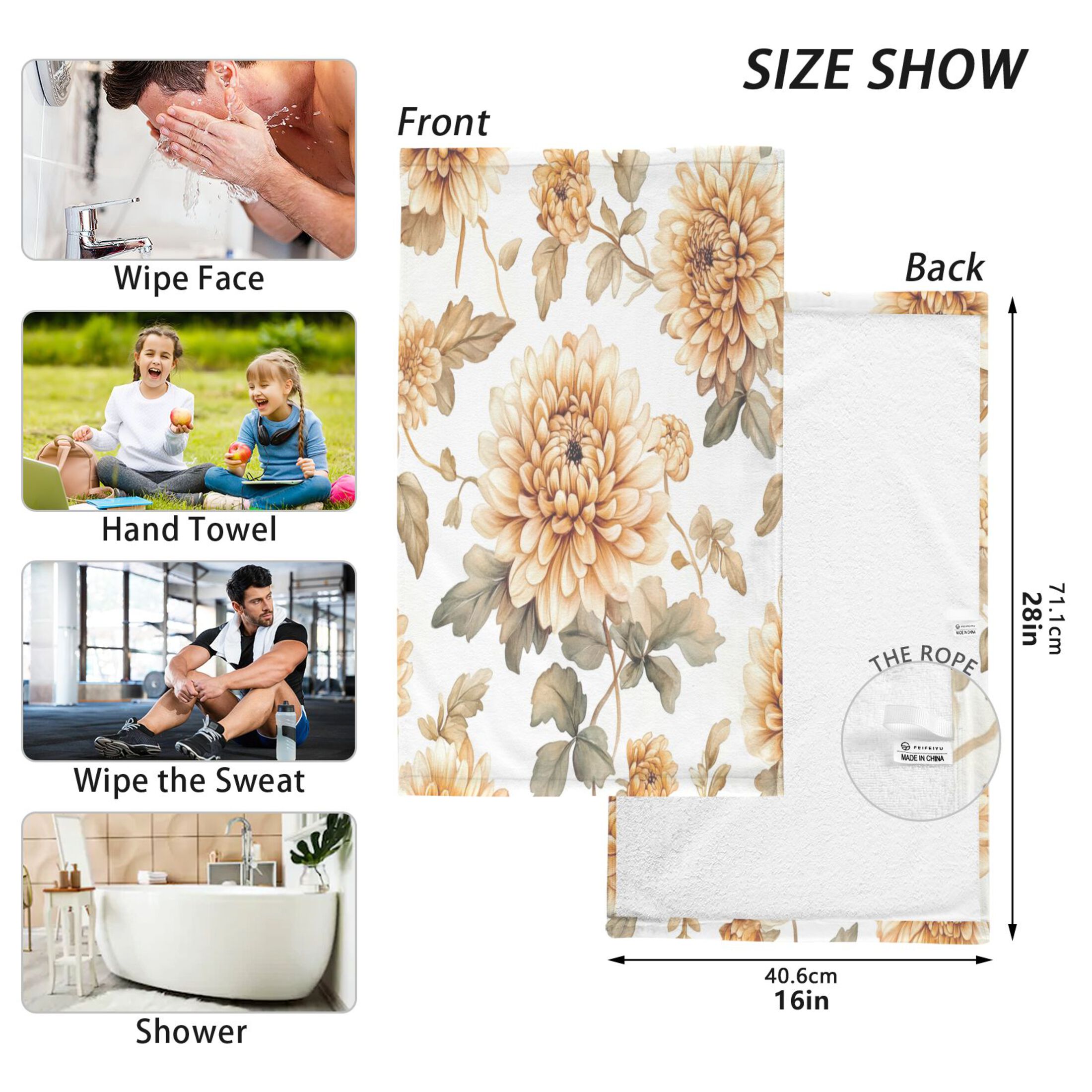 Cotton Towel Two-Piece 16x28 Inch One Sizex2 Face Towel Set Towel Set Cotton Hand Bath Towel Bathroom Beach Maroon Chrysanthemums