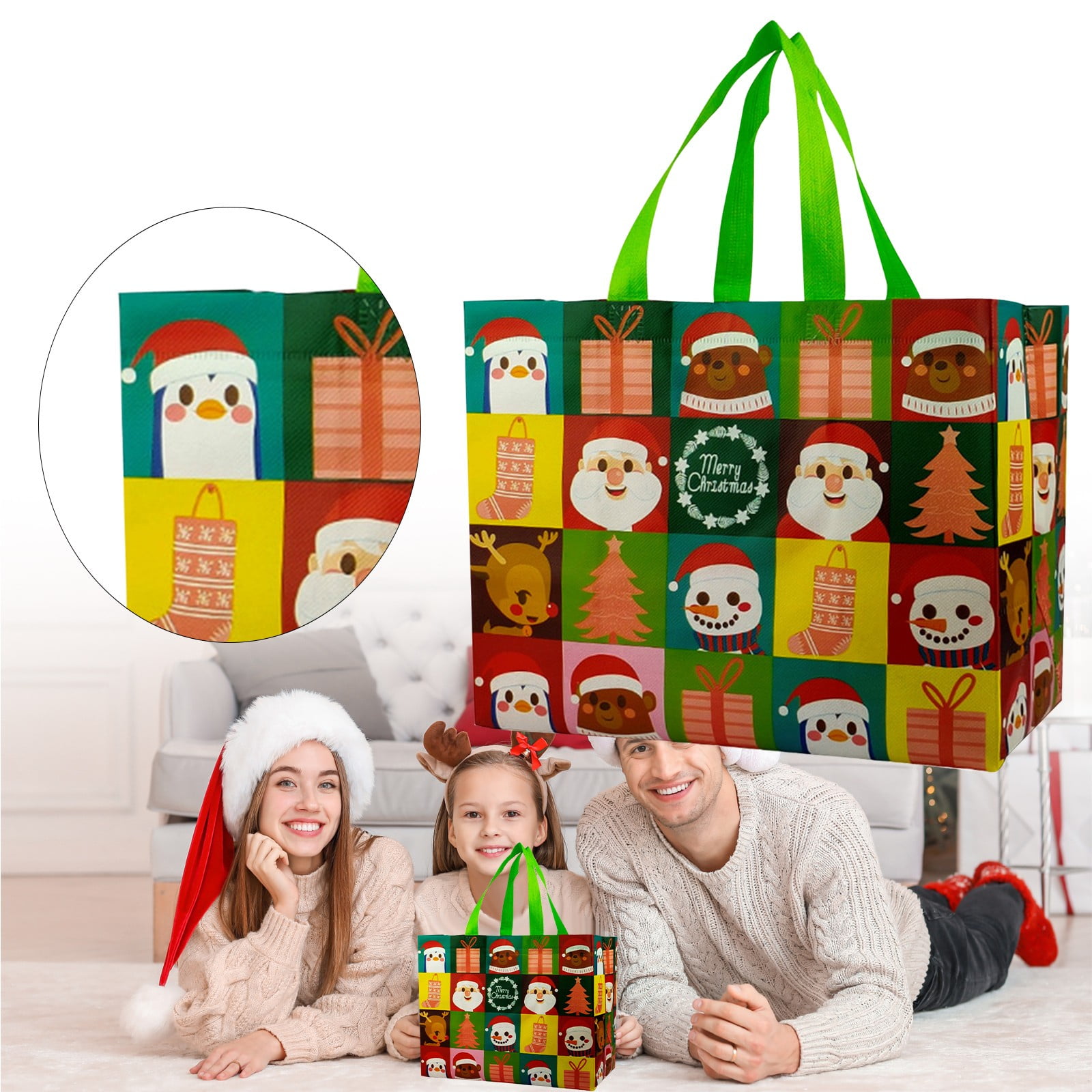 olkpmnmk Large Christmas Non Woven Gift Bags with Handles Christmas Reusable Gift Bags Festive Xmas Wrapping Bags Green Puzzle Print Tote for Holiday Gift Giving and Christmas Storage