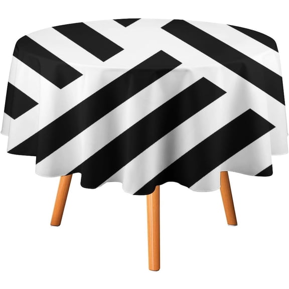 Tablecloth Geometric Stripe in Black and White Table Cover 70inch Round Washable Table Cloth for Kitchen Dinning Party Tabletop Modern Decoration