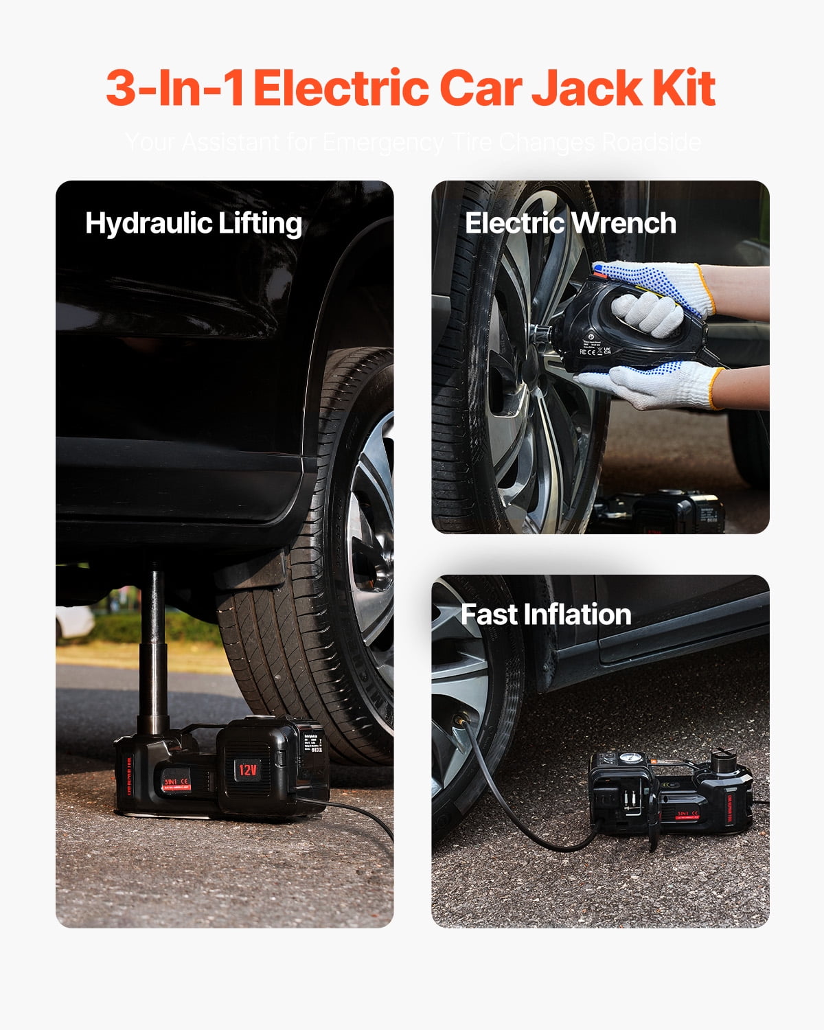 VEVOR Electric Car Jack, 5 Tons /11000 lbs, Electric Scissor Jack with Built-In Inflator, 12V Tire Change Replacement with Electric Impact Wrench & LED Light, Portable Jack kit for Sedan, SUV, Truck