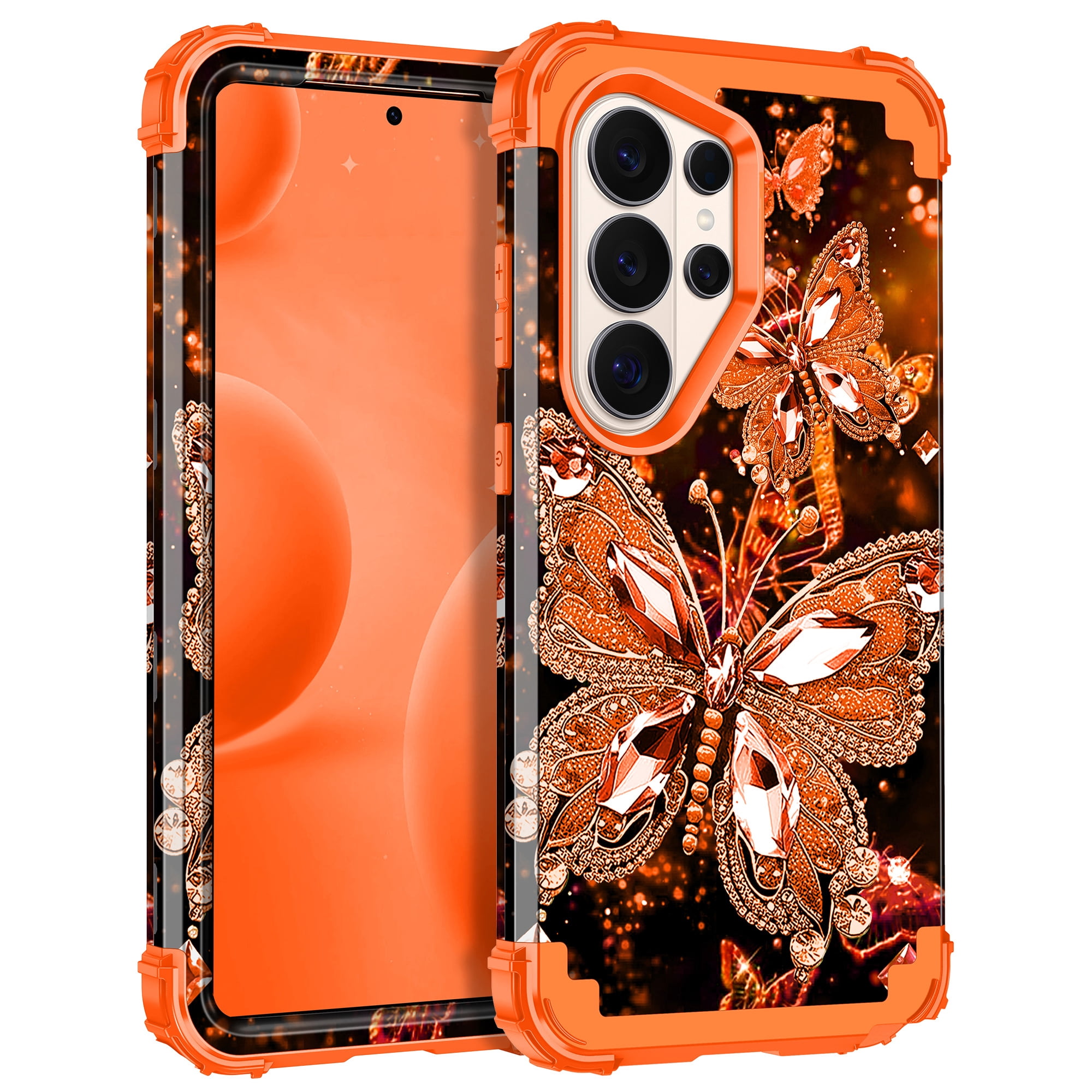 Casetego for Samsung Galaxy S26 Ultra 5G Case,Glow in The Dark Three Layer Heavy Duty Sturdy Shockproof Protection Rugged Hard PC+Soft TPU Bumper Case for Galaxy S26 Ultra,Orange Black Butterfly