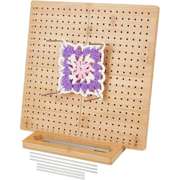 11x11inch Crochet Blocking Board Wooden Blocking Mat with Large Base and 24pcs 3.9" 6pcs 5.9" 304 Stainless Steel Rods for Knitting and Crocheting Sewing Gift Brown