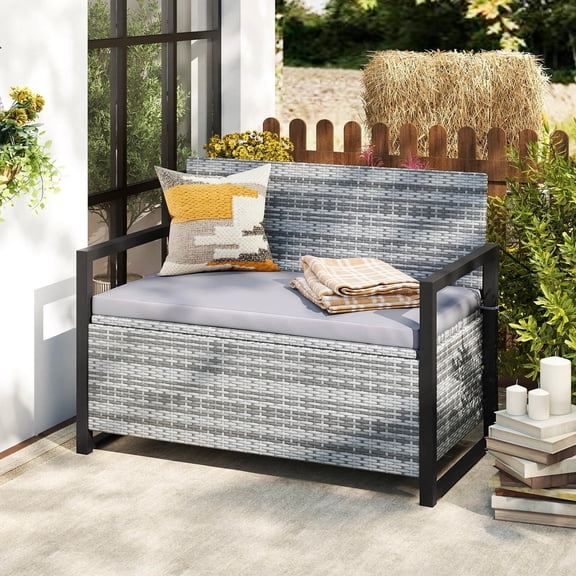 Auranook Patio Storage Bench Wicker Loveseat w/ Built-in Storage & Long Seat Cushion