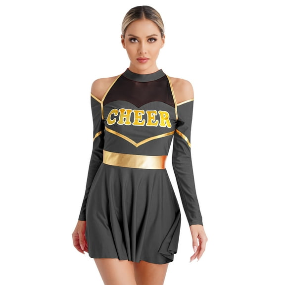 Aislor Womens Schoolgirls Cheering Uniform Cold Shoulders Dress Cheer Leader Costume Black XXL