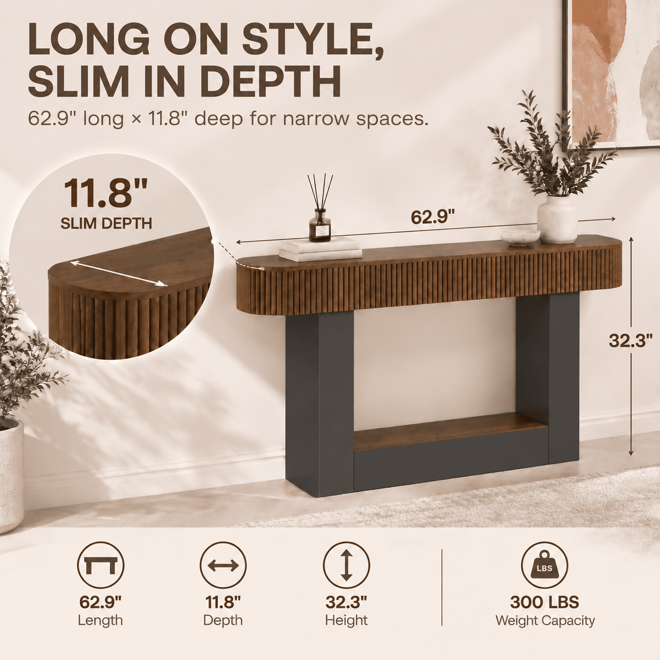 PORKISS 62.9" Console Table with Open Storage, Narrow Long Entryway Table with Rounded Edges, Fluted Sofa Table for Living Room, Hallway, Foyer, Behind Couch, Black + Brown