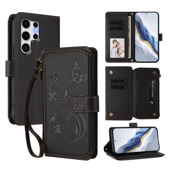 Dteck Wallet Crossbody Strap Case for Samsung Galaxy S22 Ultra,Magnetic Leather TPU Card Slots Zipper Wallet Case Shockproof Kickstand Cover with Detachable Wrist Strap / Shoulder Strap,Black