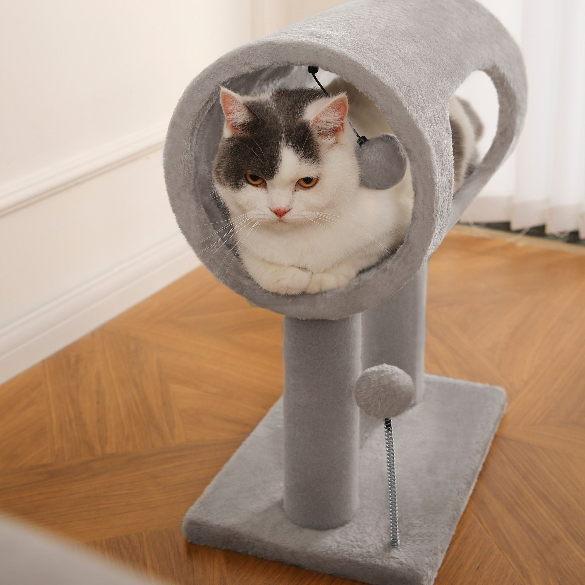Cat Craft Cat Scratching Post with Tunnel Bed & Hanging Ball, Carpet & Engineered Wood, Light Gray, Animal
