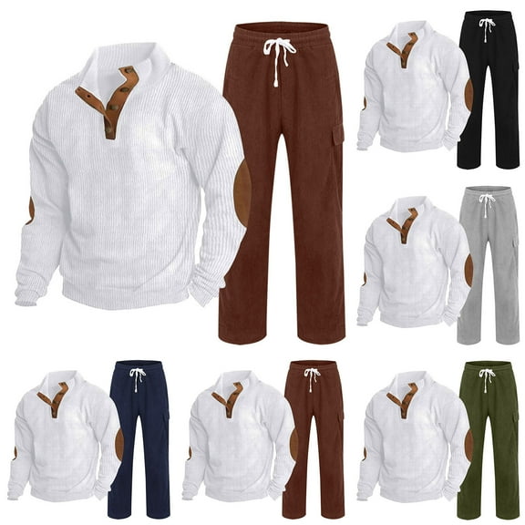safuny Men's Sweatsuits Quarter Button Up Pullover Slim Long Sleeve Color Block Sweaters Casual Corduroy Sweatshirt Suit Cargo Pants Pockets Tracksuits Spring Outfits Cotton Green L
