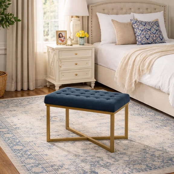 Upholstered Tufted Velvet Ottoman for Living Room & Bedroom, Blue