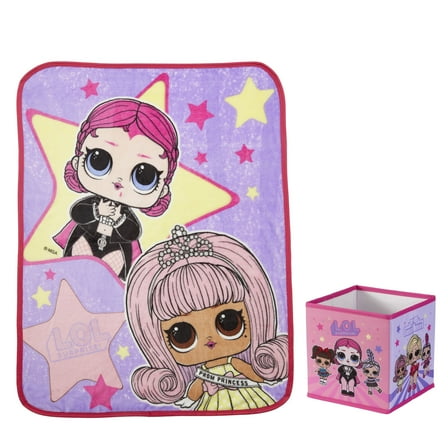 LOL Surprise Kids Plush Throw and Canvas Storage Cube Bin, 2Pc Set, Pink and Purple, MGA