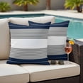 thumbnail image 4 of Navy Blue Grey Stripe Outdoor Waterproof Pillow Covers, Modern Art Horizontal Striped Decorative Square Throw Pillowcase Sofa Cushion Sham for Patio/Couch/Chair, 18"x18" 2 Pack, 4 of 8
