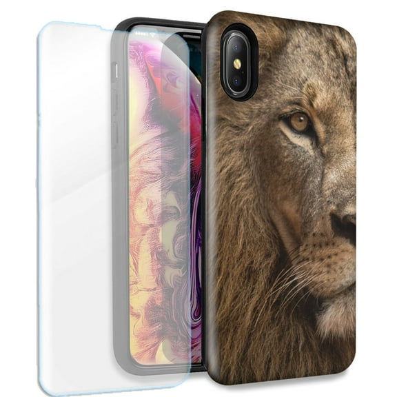 Mundaze Lion Face Double Layer Case w/Glass Screen Protector For Apple iPhone XR