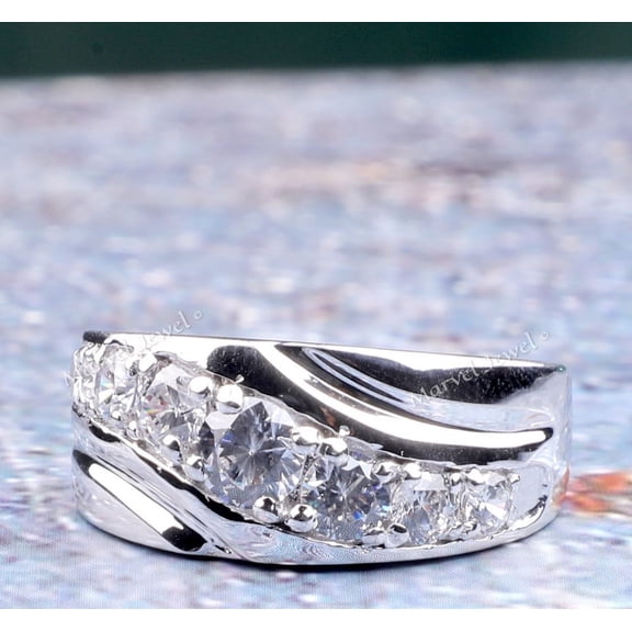 Wavy Design Men's Diamond Engagement Ring, Seven Stone Diamond Ring, Men's Wedding Anniversary Band Ring, 925 Sterling Silver, 2.4 Ct Round Simulated Diamond, Gift For Him