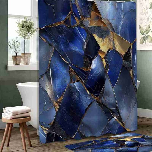 70x70 inch Navy Blue and Gold Geometric Cracked Stone Shower Curtain, Waterproof Polyester Fabric with Hooks for Bathroom Decor