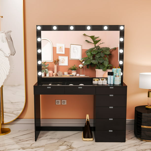 Boahaus Serena Modern Vanity Table, Black Makeup Vanity With Lighted Mirror