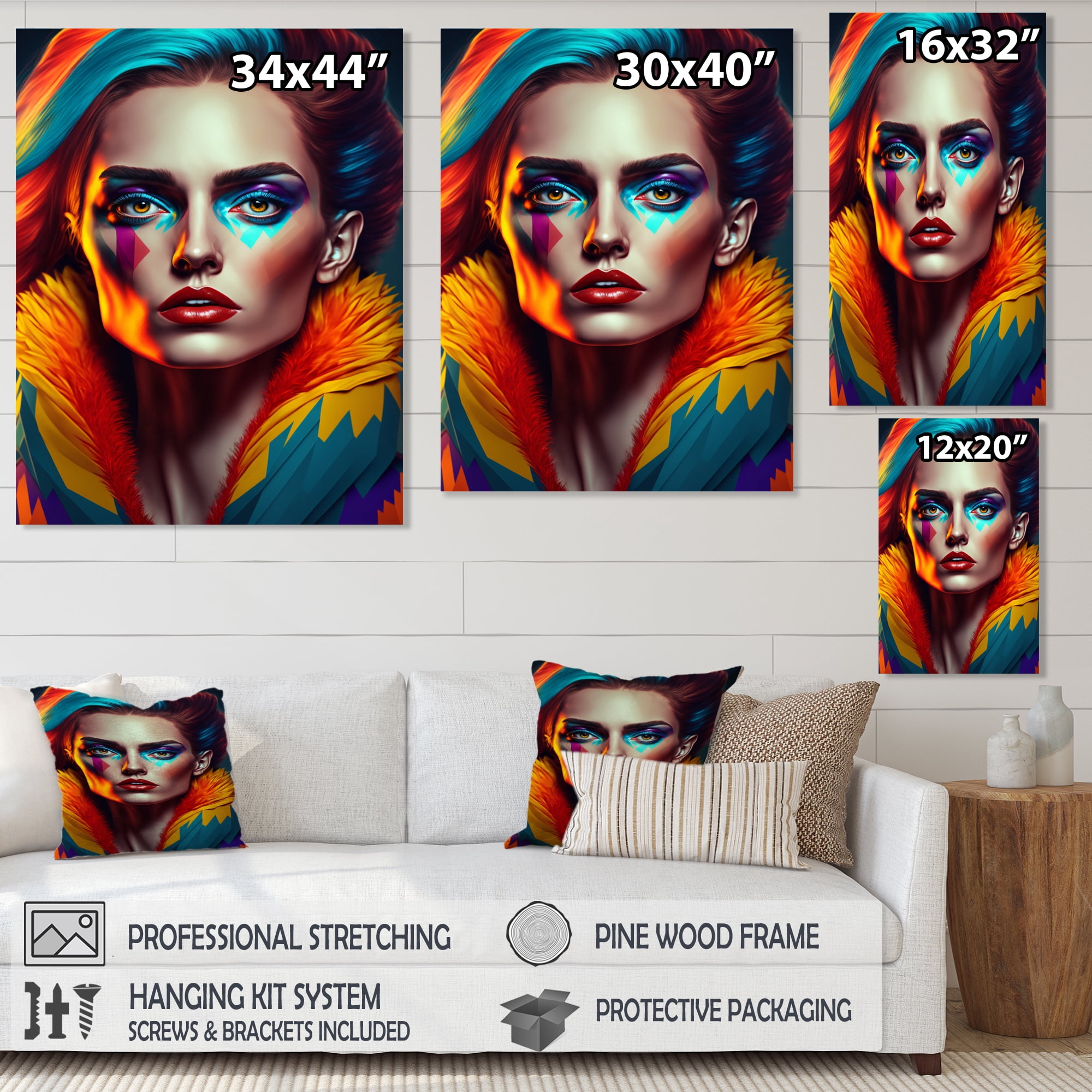 Designart Colorful Sensual Woman In Fur Coat IV Canvas Wall Art