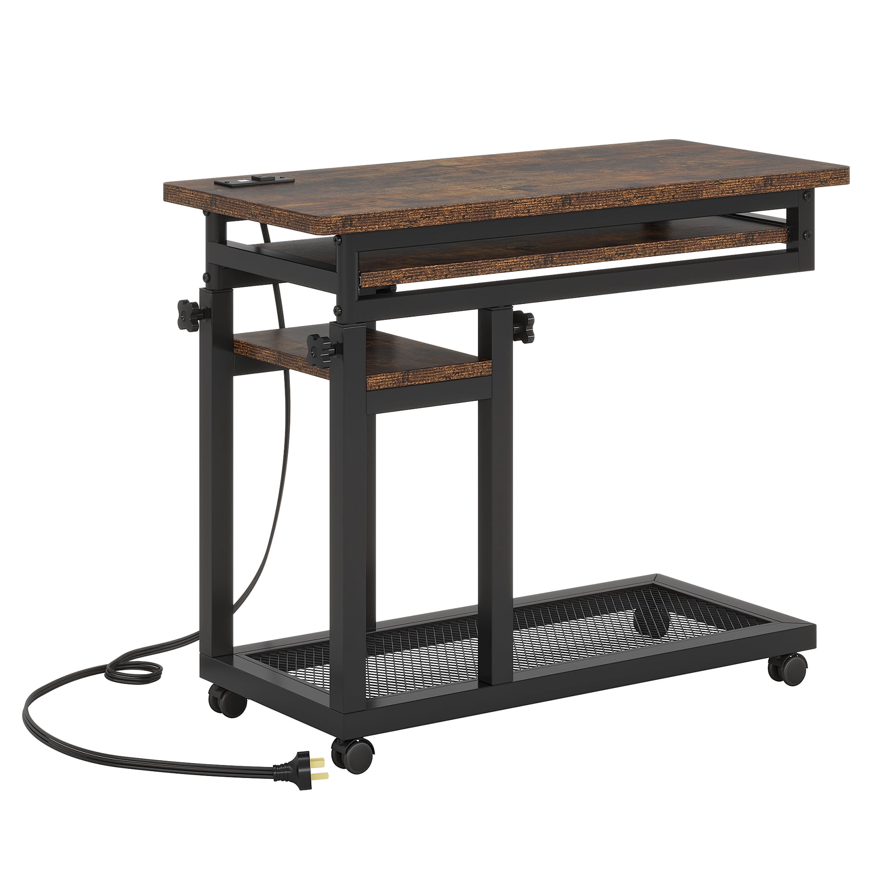 Fnova Small Portable Desk with Charging Station, Height Adjustable Mobile Desk with 4 Wheels, USB Ports & Power Outlet, Rolling Computer Cart, C Side Table for Sofa Couch Bedside, Brown