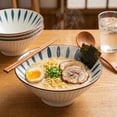 thumbnail image 5 of Ramen Bowls Set of 4, 33 oz Ceramic  Style Noodle Bowls, 8 Inch Conical Pho and Udon Bowls with Blue Leaf , Ribbed Texture, Microwave & Dishwasher Safe, 5 of 6