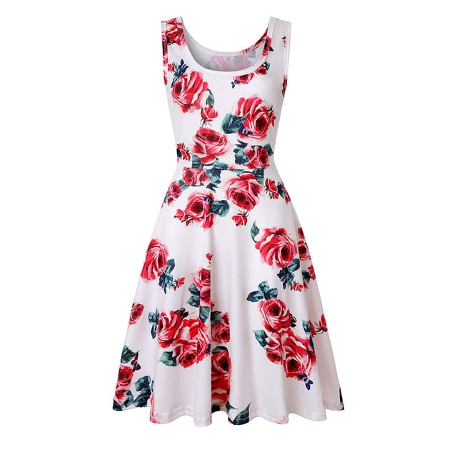 Robes de Plage Femmes Été Femmes Décontractées Sans Manches Robes Débardeur Col Rond Été Robe Imprimée pour la Plage Robes d'Été Sans Manches pour Femmes Robe d'Été pour Femmes Plage