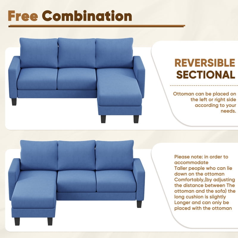 Furmax 70" Convertible Sectional Sofa Couch 3-Seat L-Shaped Small Sofa Couch with Reversible Chaise for Small Living Room, Apartment and Small Space, Linen Blue