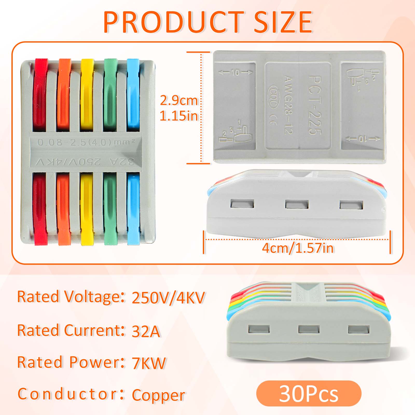 Wire Connectors Nuts, 30pcs 5 Conductor Compact Splicing Wire Connectors, 5 in 5 Out Lever Wire Nut, 5 Circuit Inline Splices 28-12 AWG