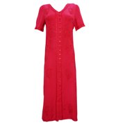 Mogul Women's Maxi Dress Red Embroidered Button Front Long Evening Dresses S