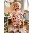 thumbnail image 4 of RUINIXCW Kids Toddler Baby Girls Silk Satin Back to School Pajamas Set Summer PJS Set Sleepwear Apple Pencil Printed Short Sleeve Button Down Shirt and Ruffle Shorts Set Homewear Loungewear 3-9 Years, 4 of 9