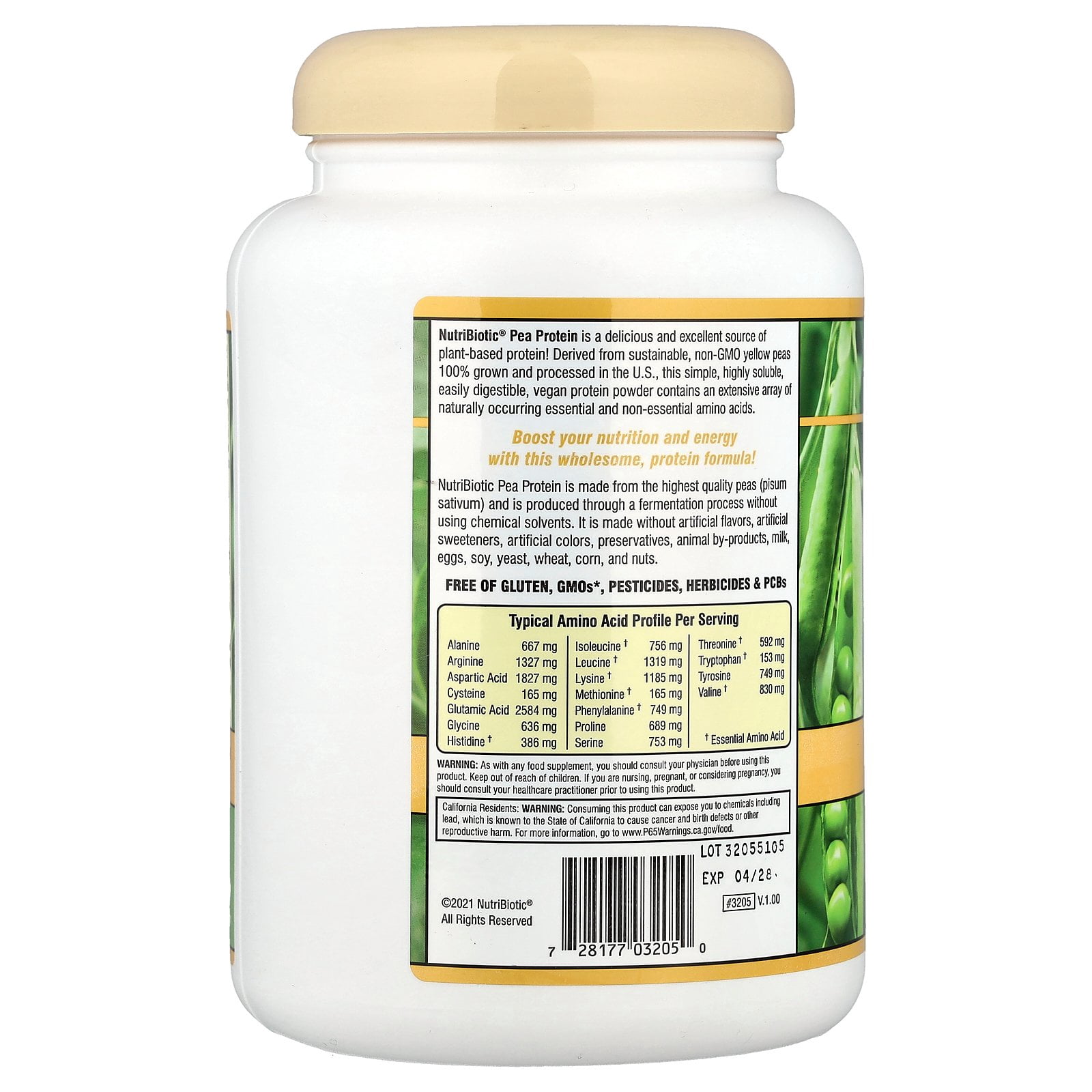 NutriBiotic Pea Protein Powder, Vanilla , 21.16 oz (600 g)