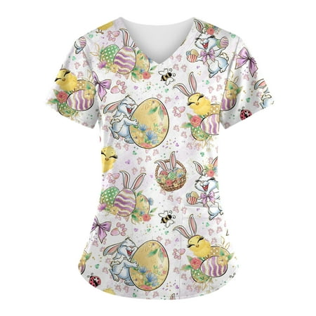 

Women s Printed Scrub Tops Plus Size V-Neck Easter Bunny Pattern T Shirts Workwear Nurse Uniform Tee with Pockets