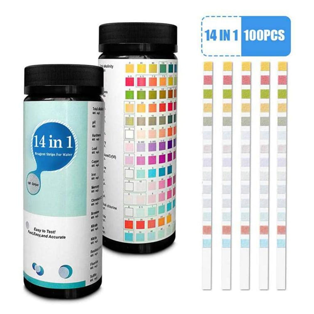 Iron and More 100Pcs Fluoride Copper Ovovo 14-in-1 Pool Drinking Water Test Strips Tap Water Quality Test Strip for Testing PH Hardness Chlorine Lead 