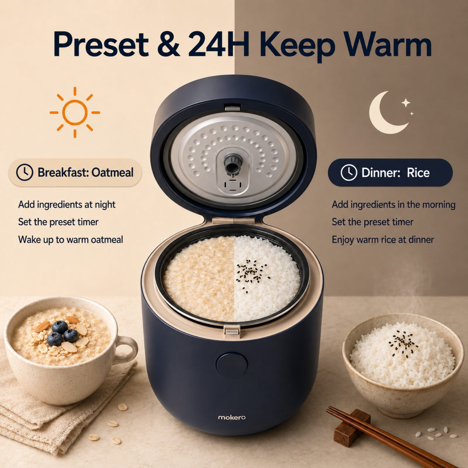 Hakka Low Carb Rice Cooker, 2L Mini Desugar Rice Cooker, 4 Cups Uncooked Rice, 7 Functions Smart Cooker with Stainless Steel Steamer, Non-Stick Inner Pot and 24H Delay Timer