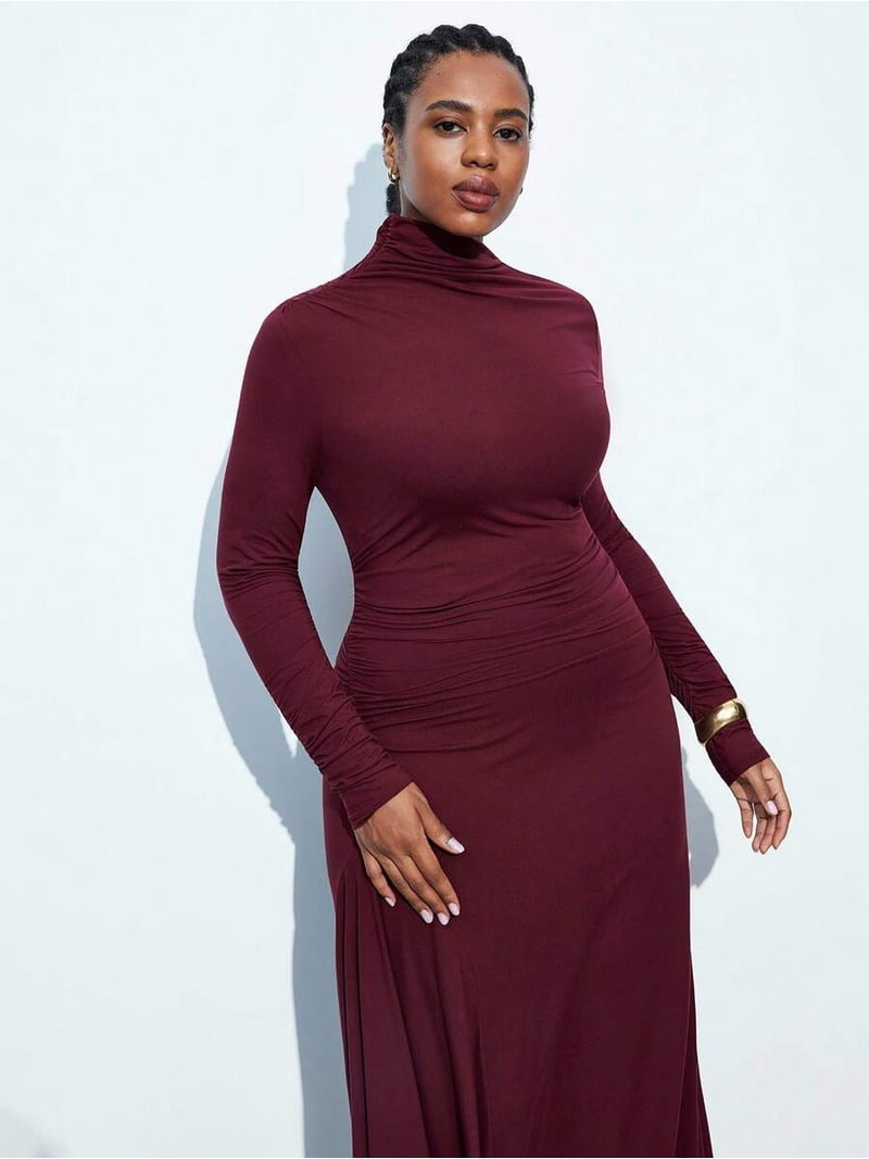 burgundy ruched bodycon dress /// Burgundy Plus Size Long Sleeve High Neck Ruched Bodycon Maxi Dress For Women, Women's, Size: 4XL, Red